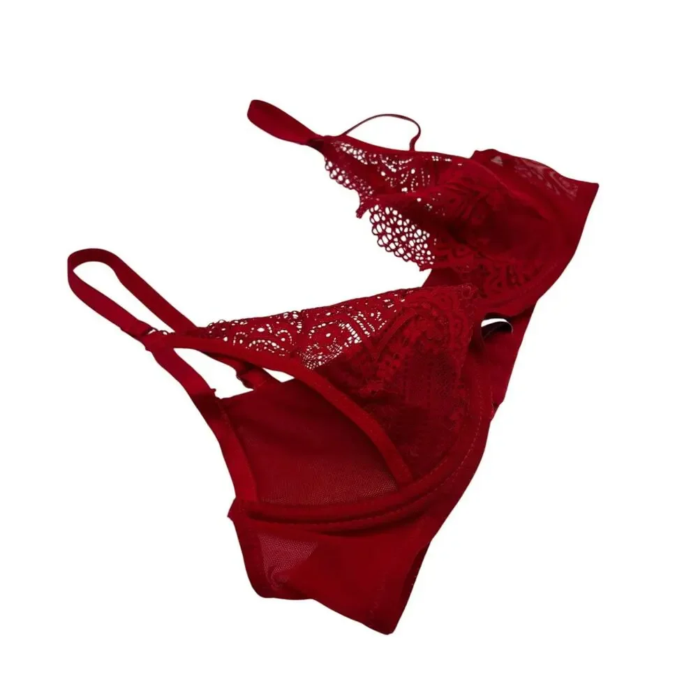 Adore Me Bra Lace Plunge Lightly Padded Underwire Back Closure Red 32C